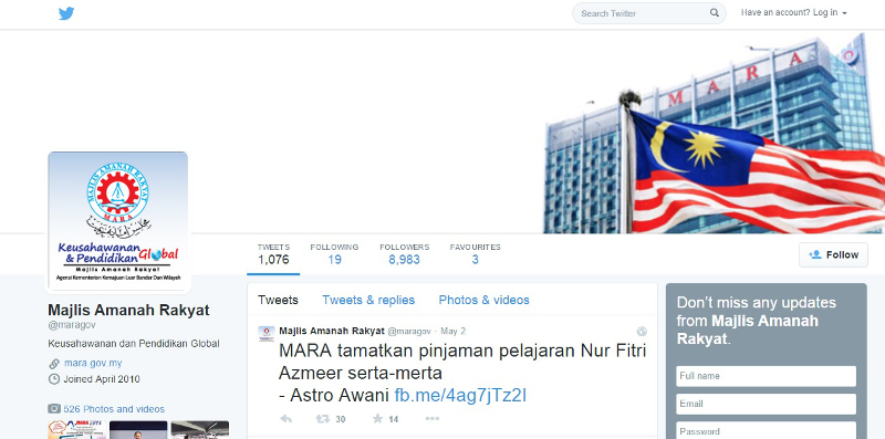 Mara announced that it had cancelled Nur Fitri Azmeeru00e2u20acu2122s loan in a tweet shown in this screenshot taken from its Twitter page. 