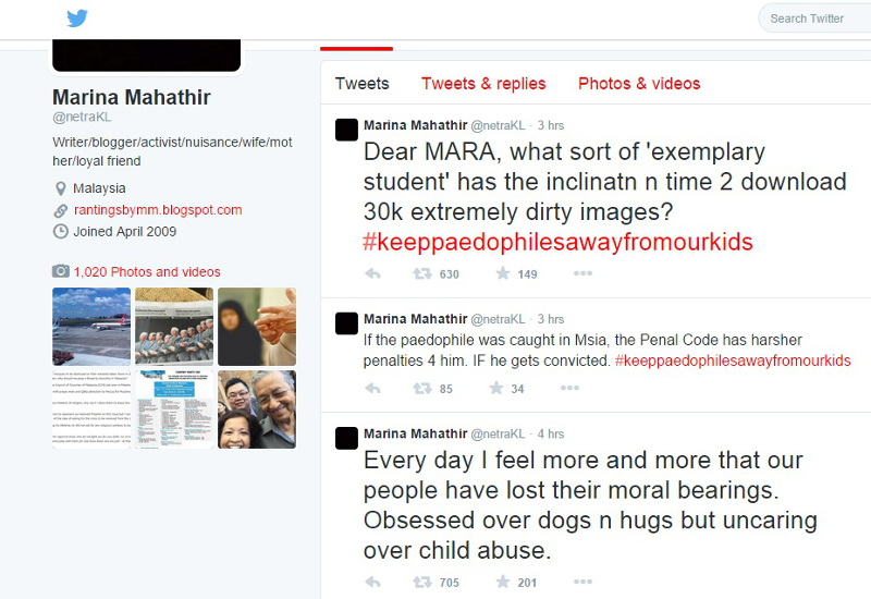 Datin Paduka Marina Mahathir expressed her outrage over Mara's decision to give a Malaysian student convicted of child porn a 'second chance' in several tweets shown in this screenshot from her Twitter page.