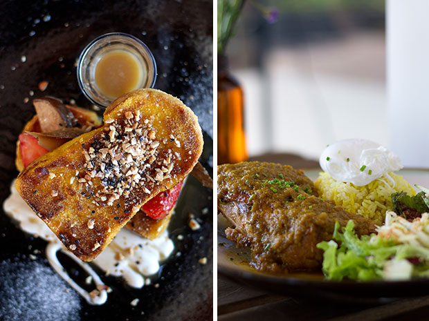 “I Wanna Be Kaya” — French toast with poached pears, coconut mascarpone cheese, and caramel kaya sauce (left). “Balik Kampung” — ayam percik (grilled chicken thigh marinated in herbs and spices), turmeric rice, a poached egg, and mango kerabu salad (right).