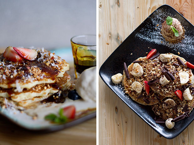 An apom balik-inspired pancake made with Hawaiian coconut and sweet corn in the batter, garnished with crushed coconut and served with coconut candy ice-cream and gula Melaka syrup (left). Sea-salt peanut butter and roasted almond pancake with salted caramel ice-cream (right).