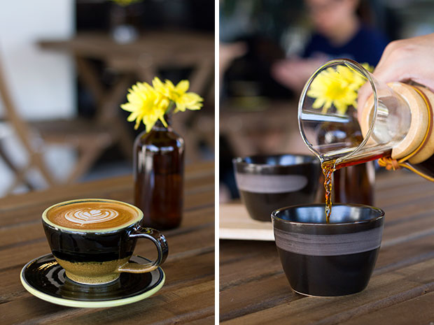A cappuccino served in specially crafted Yellow Brick Road cup and saucer (left). At Yellow Brick Road, filter coffee is also served in addition to espresso-based beverages (right).