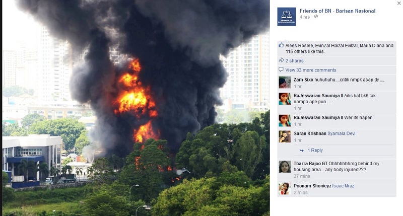 A screengrab from Facebook of the fire at the Allchem Lubricant Sdn Bhd chemical processing plant at the Bandar Kinrara industrial area, Puchong today.