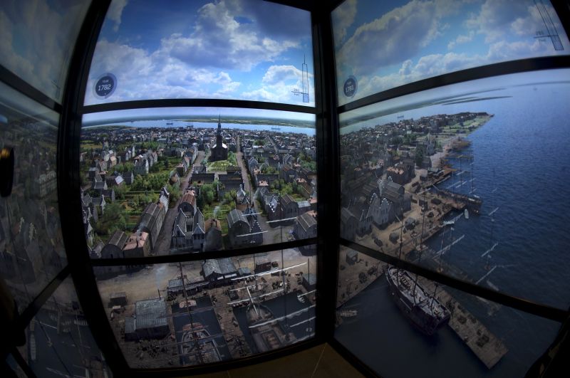 Part of a time-lapse projection of the New York skyline through the years is seen inside the Sky Pod Elevator of the One World Trade center tower in New York. u00e2u20acu2022 Reuters pic