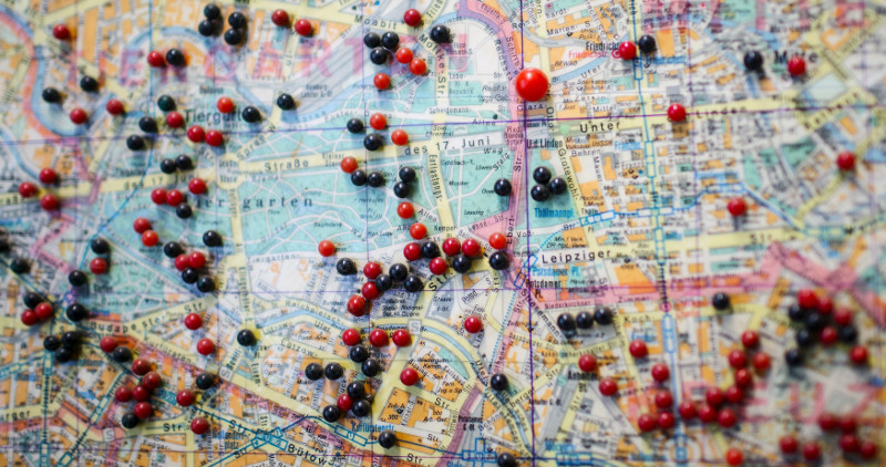 Pins marking places in downtown Berlin where bombs were recovered are seen on a map at a police blasting ground in Berlin's Grunewald forest, Germany, April 29, 2015.
