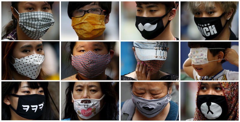 Combination picture shows people wearing masks between June 9 and June 16, 2015 to prevent contracting Middle East Respiratory Syndrome (MERS) in Seoul, South Korea. Pictures taken between June 9 and June 16, 2015. — Reuters pic