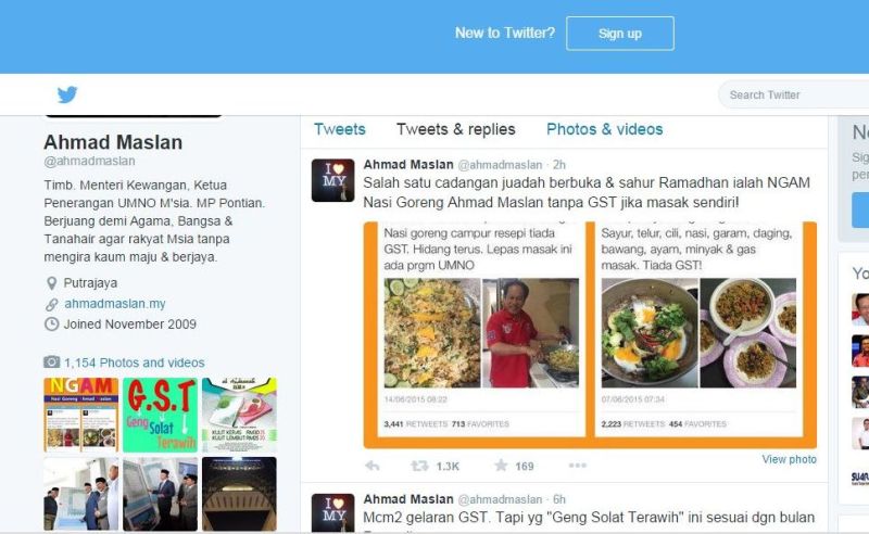 A screen capture of Deputy Finance Minister Datuk Ahmad Maslan’s Twitter page. 