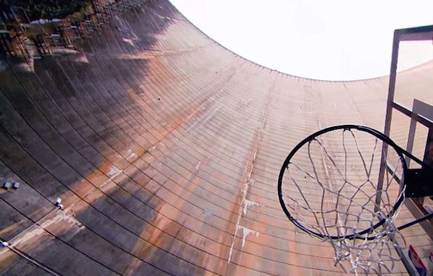 Here’s the view from the net looking up to the edge of the dam where the team was standing to deliver to shot.