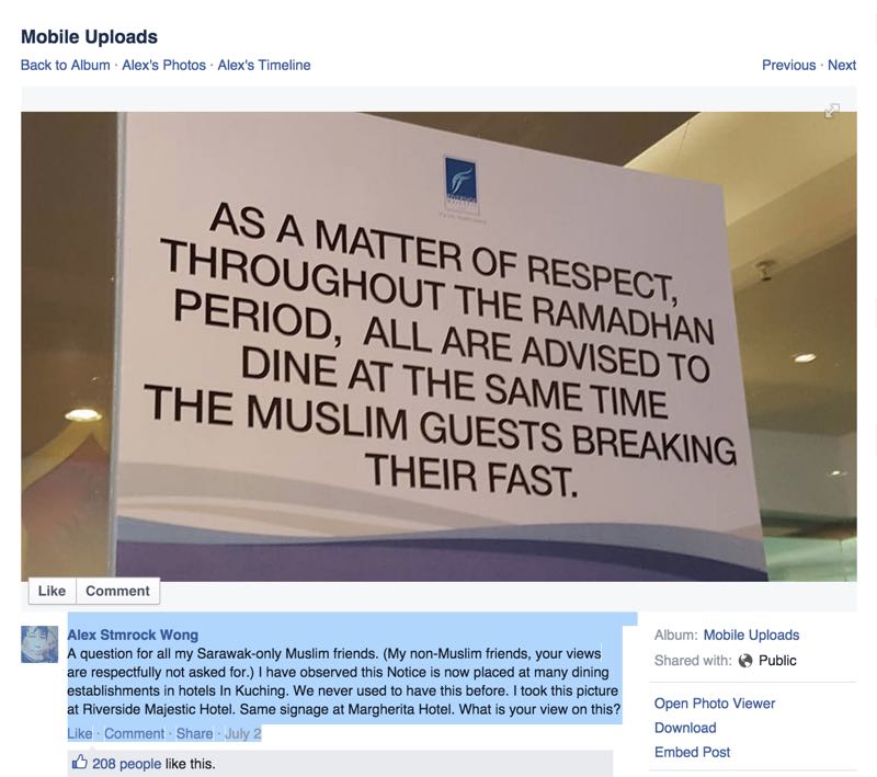 A screengrab of the controversial sign posted by Sarawakian Alex Stmrock Wong on his Facebook page before it was removed.