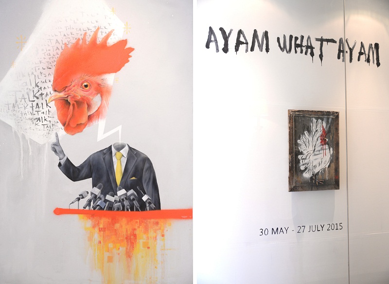 Talk Cock by Sliz (left); The Ayam What Ayam art exhibition at Ernest Zacharevic Gallery at E_O (right). 