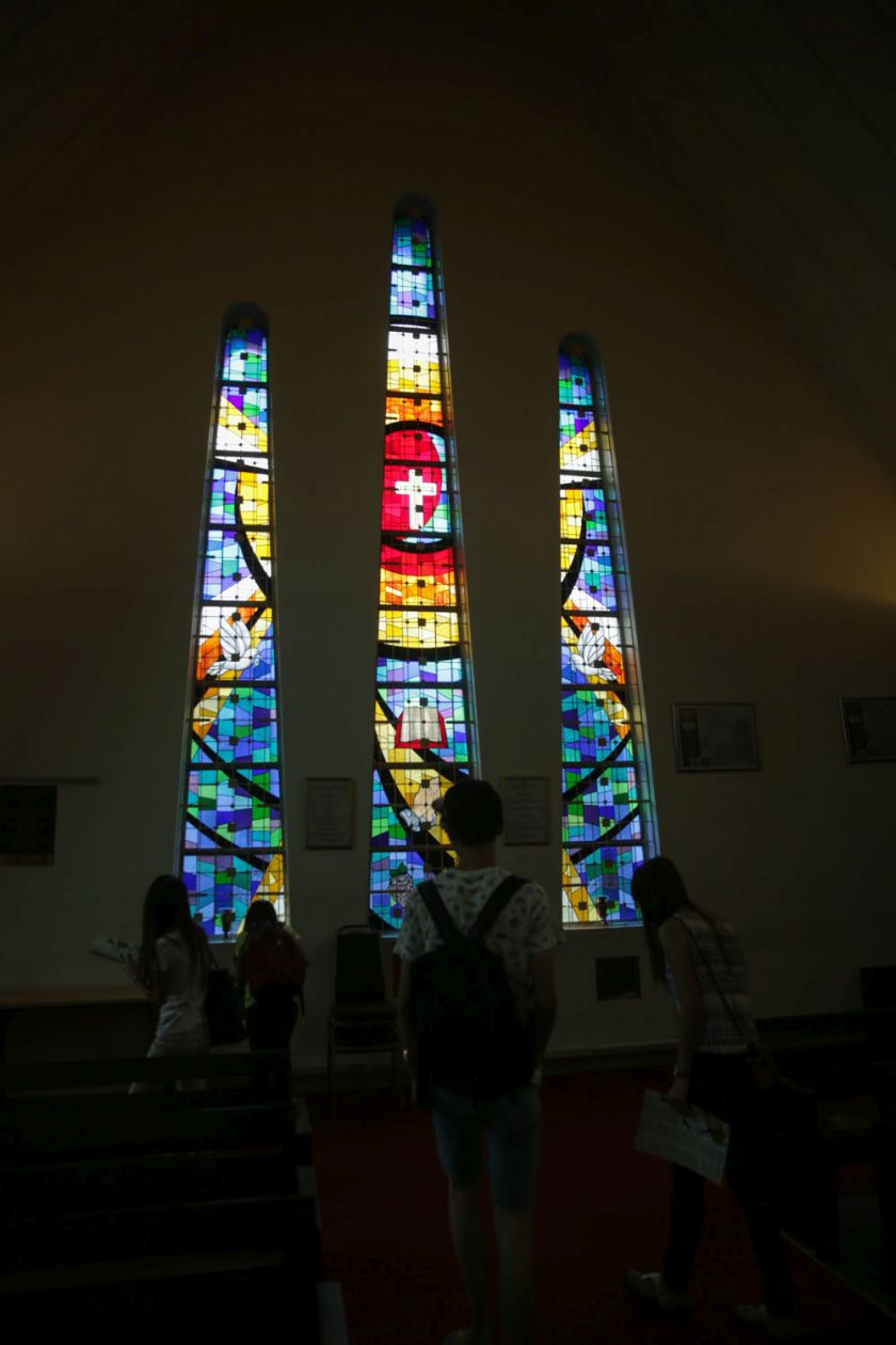 I never knew till that morning that the Tamil Methodist Church had these three narrow stained glass windows.