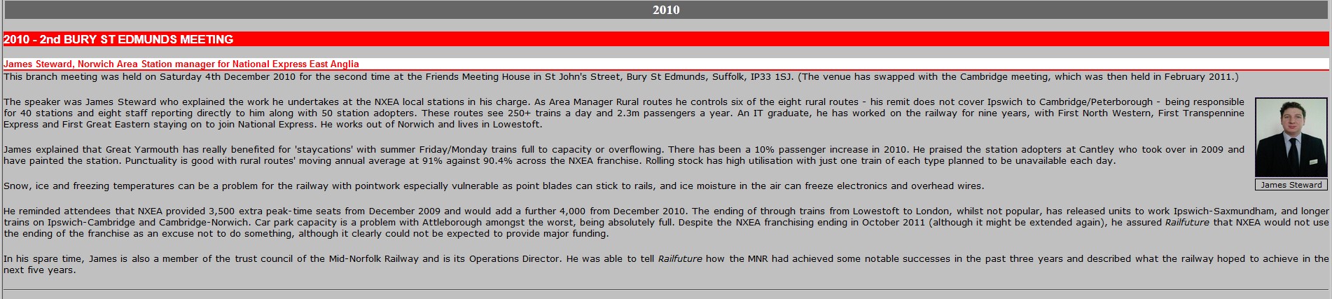 Screen capture of RailFutures website showing the entry on James Steward. 