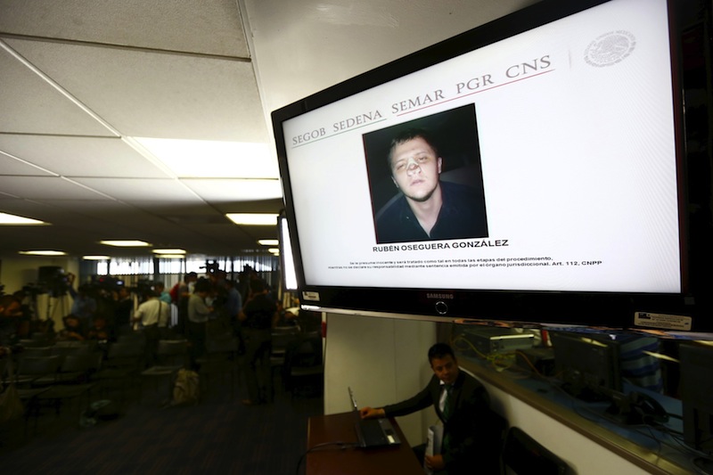 A mugshot of Ruben Oseguera Gonzalez  is displayed on a screen during a news conference at Interior Ministry in Mexico City June 23, 2015.u00c2u00a0u00e2u20acu201d Reuters pic