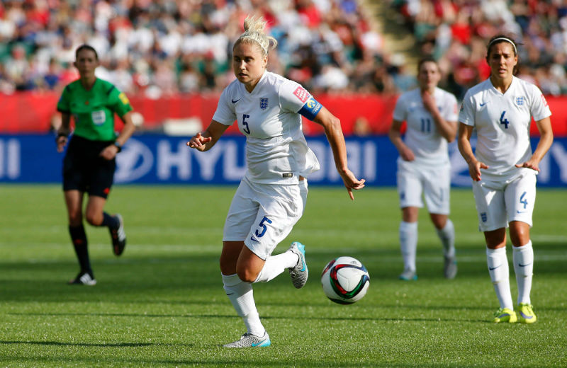 England defender Steph Houghton (5) runs down a ball during the first half against Japan in the semifinals of the FIFA 2015 Women's World Cup at Commonwealth Stadium, Edmonton, July 1, 2015. u00e2u20acu201d Erich Schlegel-USA TODAY Sports/Reuters pic