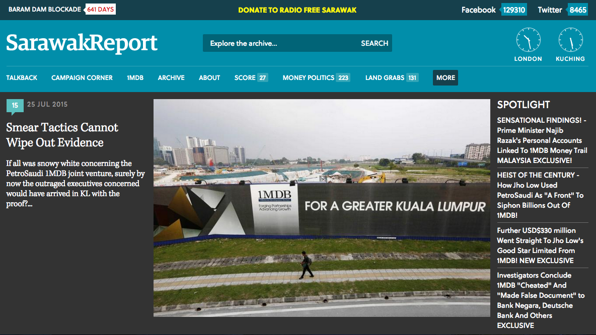 A screen capture of Sarawak Report's main page. The website was back online after it was inaccessible worldwide for most of this morning and afternoon.