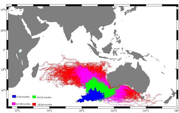 Possible drift of MH370 wreckage model by Prof Charitha Pattiaratchi, University of Western Australia. Picture courtesy of Prof Charitha Pattiaratchi, University of Western Australia>