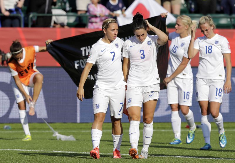 England midfielder Jordan Nobbs (7) and defender Claire Rafferty (3) reacts after losing to Japan in the semifinals of the FIFA 2015 Women's World Cup at Commonwealth Stadium. u00e2u20acu2022 Reuters pic