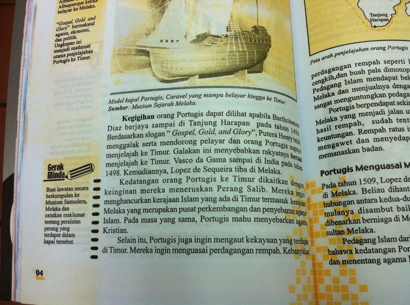 A page from the Form 1 History textbook that said the purpose of the Portuguese coming to Malacca was connected with their desire to extend the Crusades. u00e2u20acu201d Pic by Boo Su-Lyn