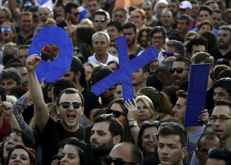 Demonstrators hold up letters spelling the word 'No' in Greek during an anti-austerity rally in Syntagma Square in Athens, July 3, 2015.u00c2u00a0u00e2u20acu201d Reuters pic
