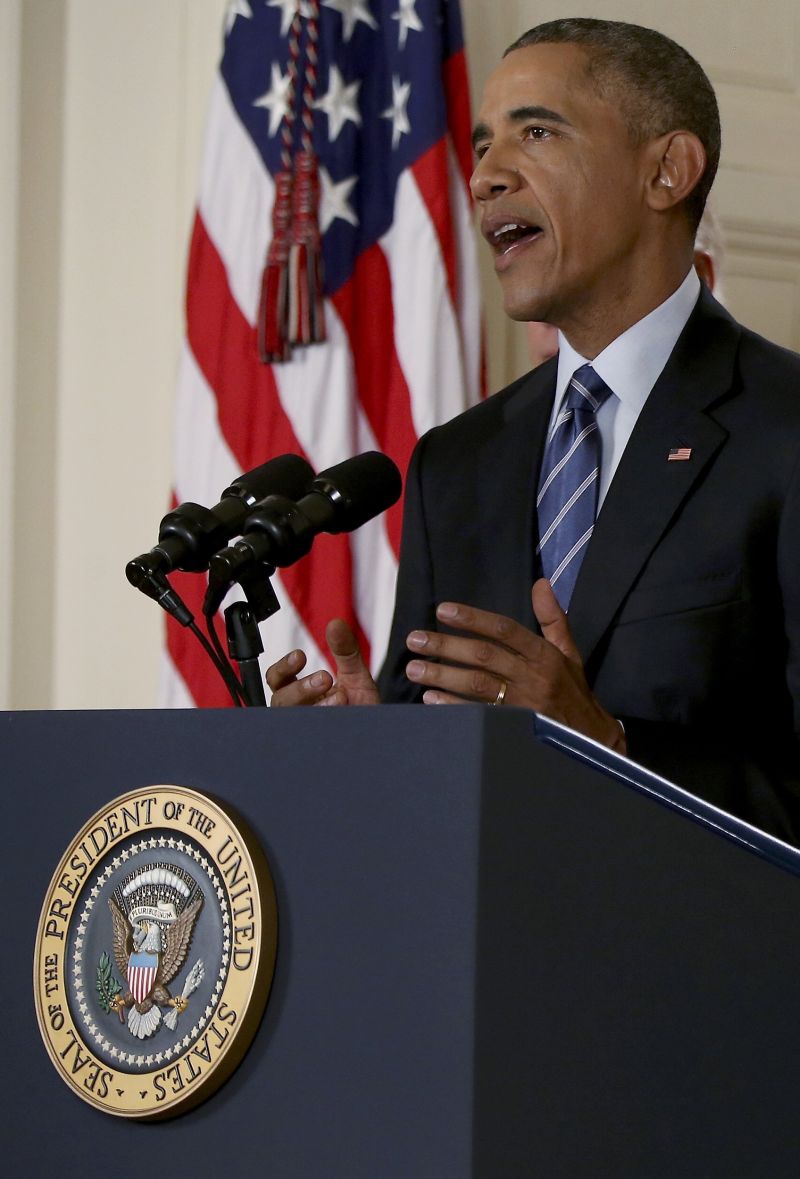 President Obama tells the nation he will veto any measure in Congress to block the deal.