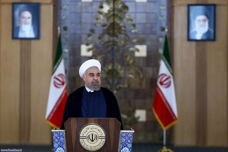 President Hassan Rouhani speaks to the nation in Tehran: ‘Today is the end to acts of tyranny …  and the start of cooperation with the world.’