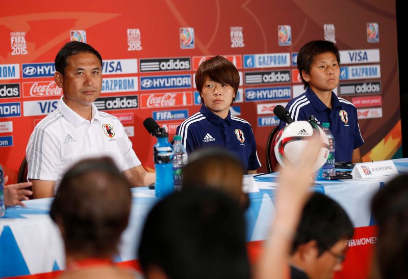 Japan coach Norio Sasaki (left), midfielder Aya Mayama (centre) and goalkeeper Ayumi Kaihori during a press conference for the Women's World Cup at BC Place in Vancouver, July 4, 2015. u00e2u20acu201d Reuters pic 