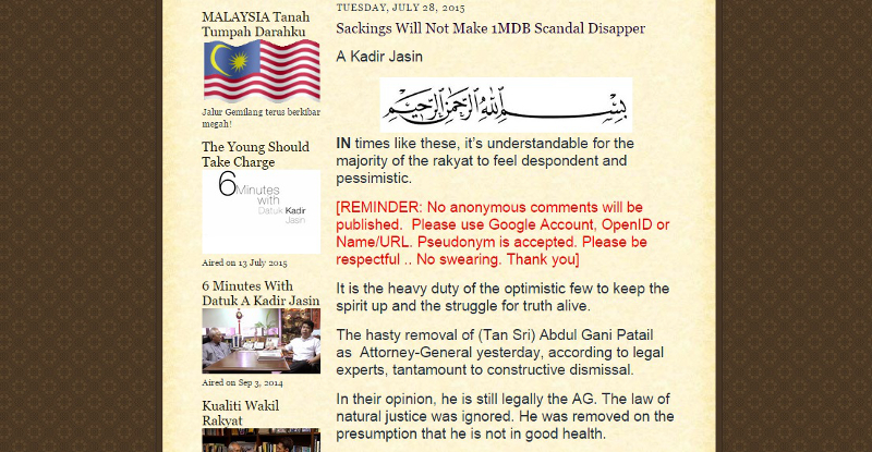 An excerpt from Datuk Kadir Jasin  blog post on the Cabinet reshuffle and the replacement of Tan Sri Abdul Gani Patail as Attorney-General, in this screenshot taken from his blog.