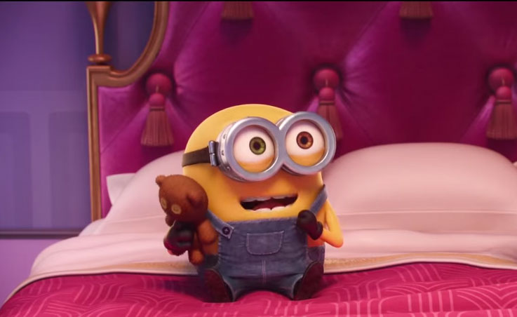 Minion Bob is often seen with his teddy bear in the hit series of films. u00e2u20acu201d Screen grab from YouTube