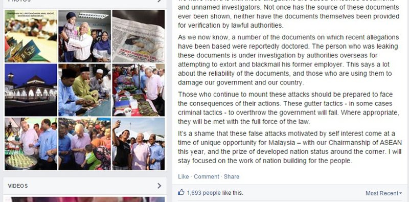 This screenshot shows the second part of the message posted by Prime Minister Datuk Seri Najib Razak on his Facebook page.