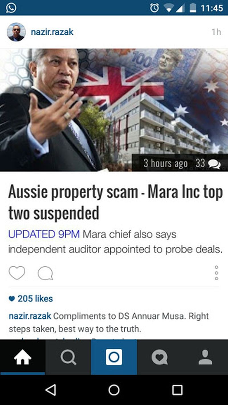 A screen capture of Datuk Seri Nazir Razak’s Instagram page praising MARA’s Tan Sri Annuar Musa.