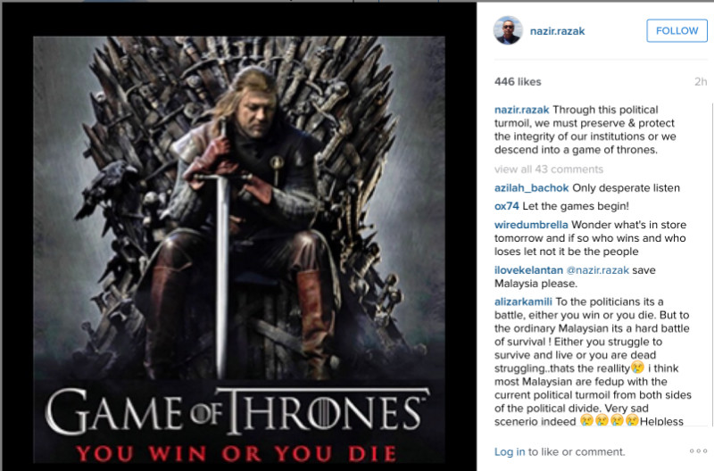 In an Instagram post, Datuk Seri Nazir Razak warned about the country sliding into ‘a game of thrones’ scenario amid a Cabinet purge.