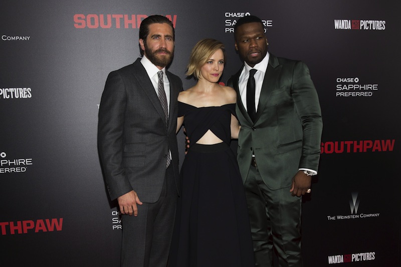 (From left) Jake Gyllenhaal, Rachel McAdams and Curtis '50 Cent' Jackson attend the premiere of 'Southpaw' in New York July 20, 2015. u00e2u20acu201d Reuters pic