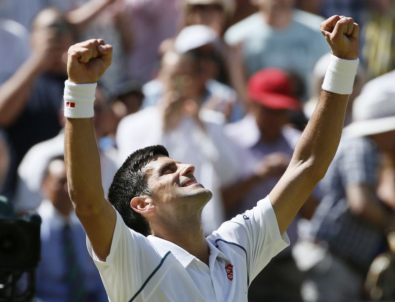 Novak Djokovic of Serbia celebrates after winning his match against Richard Gasquet of France at the Wimbledon Tennis Championships in London, July 10, 2015. REUTERS/Stefan Wermuth. 