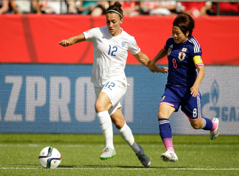 England defender Lucy Bronze (12) shoots the ball against Japan midfielder Aya Miyama (8) during the first half in the semi-finals of the FIFA 2015 Womenu00e2u20acu2122s World Cup in Edmonton, Canada, July 1, 2015. u00e2u20acu201d Erich Schlegel-USA TODAY Sports/Reuters pic