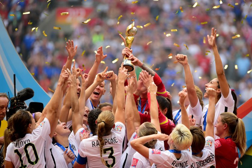 United States players react as they receive the FIFA Women's World Cup trophy after defeating Japan in the final of the FIFA 2015 Women's World Cup at BC Place Stadium. u00e2u20acu201d Reuters pic