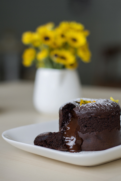 Molten lava cake (made from milk, white and dark chocolate).