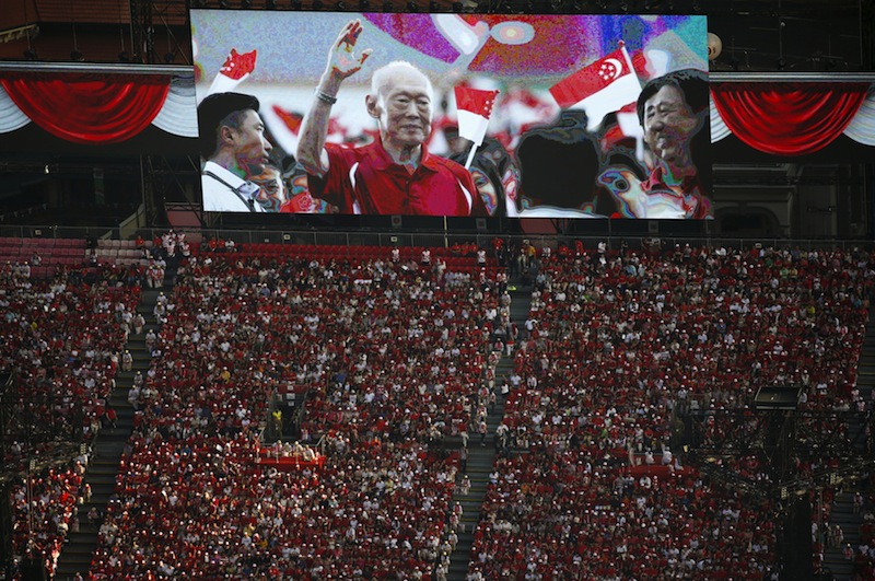 A video tribute of former prime minister Lee Kuan Yew is played during a Golden Jubilee celebration parade rehearsal in Singapore August 1, 2015. u00e2u20acu201d Reuters pic