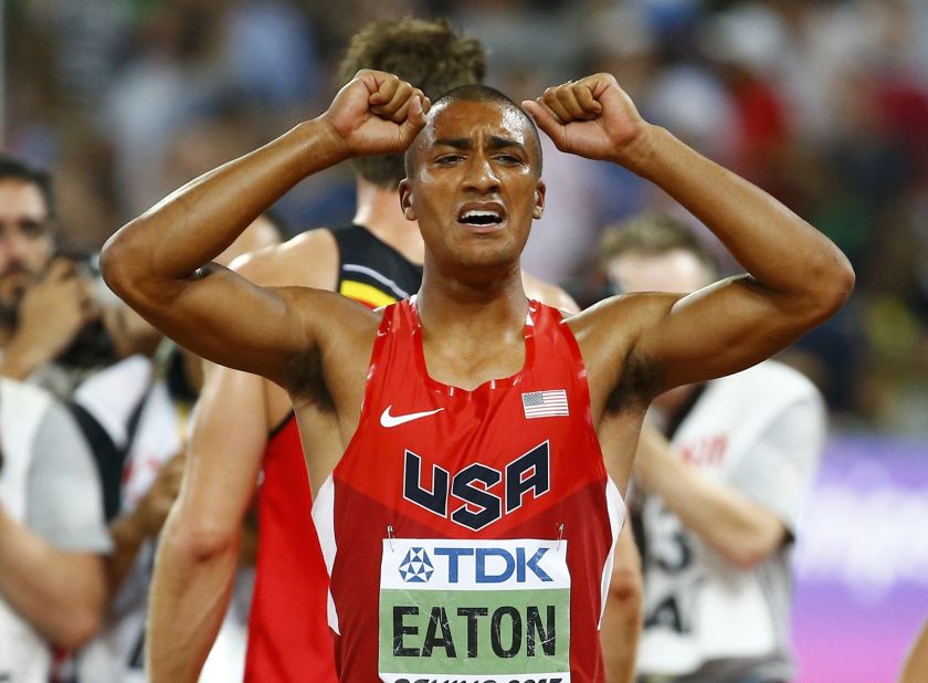 Ashton Eaton of the US crosses the finish line in the 1500 metres decathlon event to win the decathlon and break the world record during the 15th IAAF World Championships at the National Stadium in Beijing, China August 29, 2015. u00e2u20acu201d Reuters pic