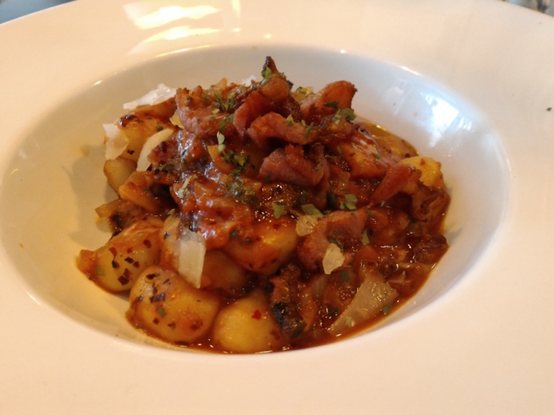 Gnocchi and Spicy Bacon Tomato: Potato gnocchi in amatriciana sauce, tomato concasse, pork pancetta, chilli flakes, Italian parsley and shavings of Parmesan. Portions look small but surprisingly filling.