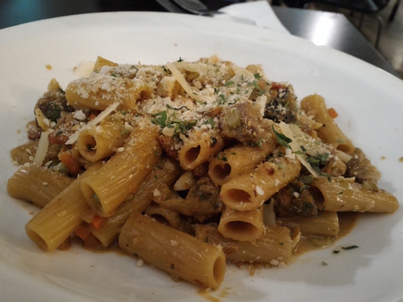 Lamb Leg and White Ragù Sauce with Elicoidali (a tube-shaped pasta with a rough texture): Lamb cubes, cream ragù sauce, white wine, button mushroom, root vegetables and toasted cashews. Probably enough for two.