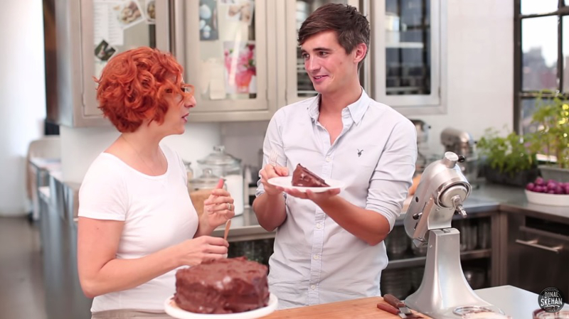 Sarah Carey from EveryDay Food joins Donal Skehan for a baking session in this screenshot taken from Skehan's video on YouTube.