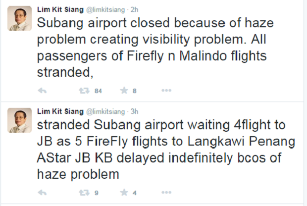 A screen capture showing a series of tweets by DAP veteran Lim Kit Siang regarding the haze situation at Subang Airport.