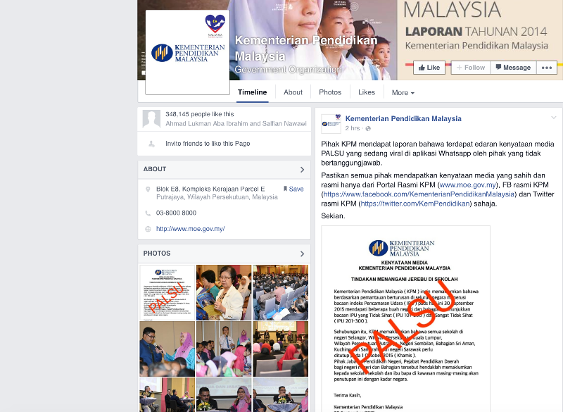 The Education Ministry Facebook page clarified that a notice bearing the ministryu00e2u20acu2122s name and announcing the closure of schools in the two federal territories and three states, was false.