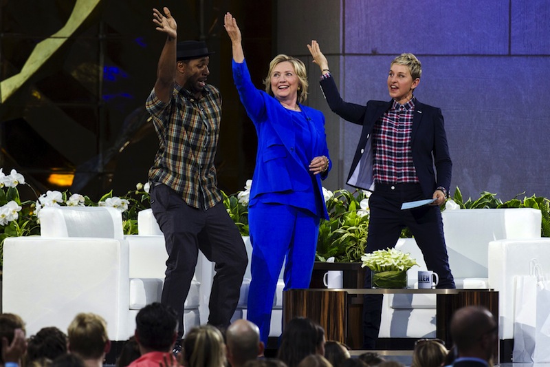 US Democratic presidential candidate Hillary Clinton does the 'Nae Nae' dance move with DJ Stephen 'Twitch' Boss and television host Ellen Degeneres during a taping of 'The Ellen Degeneres show' in New York September 8, 2015. u00e2u20acu201d Reuters pic