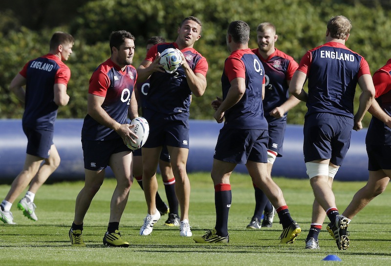England's Sam Burgess and Brad Barritt during training at Pennyhill Park, Bagshot, Surrey. u00e2u20acu201d Reuters pic