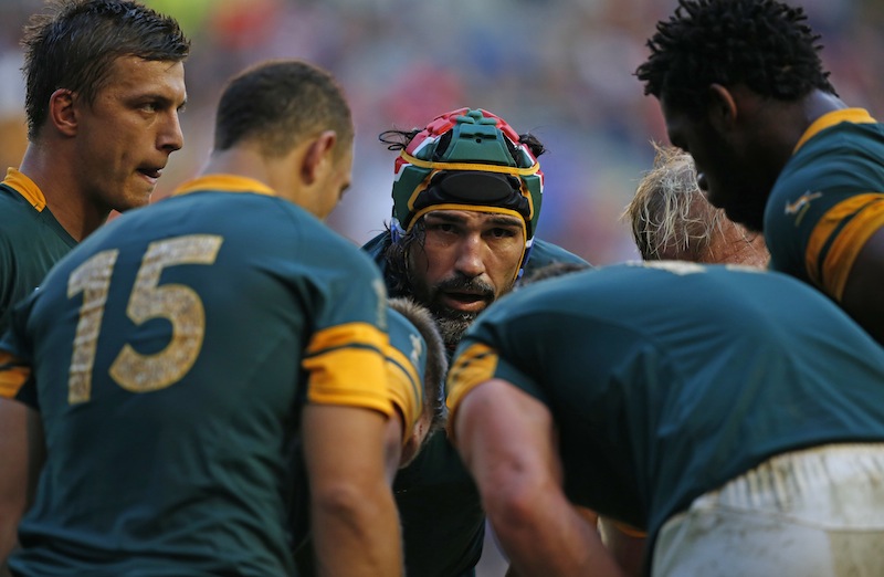South Africa's Victor Matfield speaks to team mates during the South Africa v Japan IRB Rugby World Cup 2015 Pool B game at Brighton Community Stadium, Brighton, England.u00c2u00a0u00e2u20acu201d Reuters pic