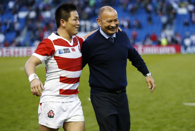 Japan head coach Eddie Jones (right) and Kosei Ono celebrate victory after the match against South Africa in the Rugby World Cup tournament. u00e2u20acu2022 Reuters pic