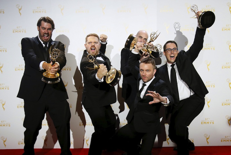 Chris Hardwick (second from right - front) poses along with other producers with their outstanding interactive media (juried) awards at the 2015 Creative Arts Emmy Awards in Los Angeles, California September 12, 2015. u00e2u20acu201d Reuters pic