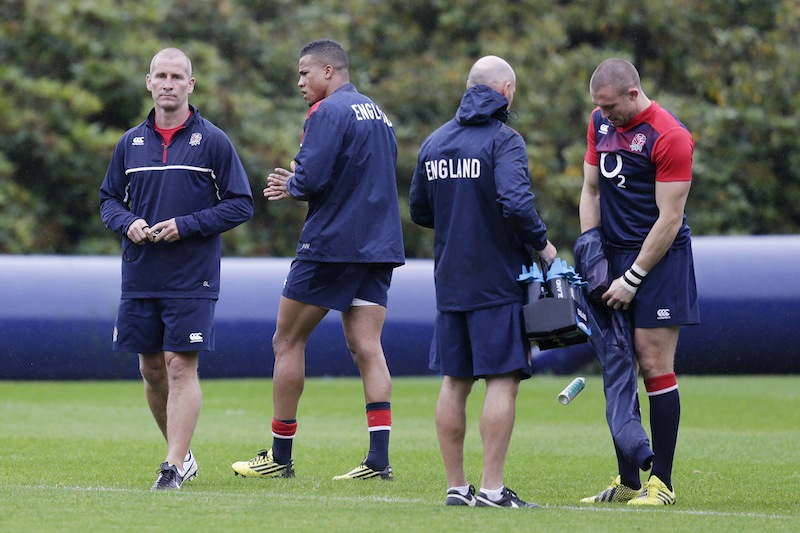 England head coach Stuart Lancaster (left) during training at Pennyhill Park, Bagshot, Surrey. u00e2u20acu201d Reuters pic