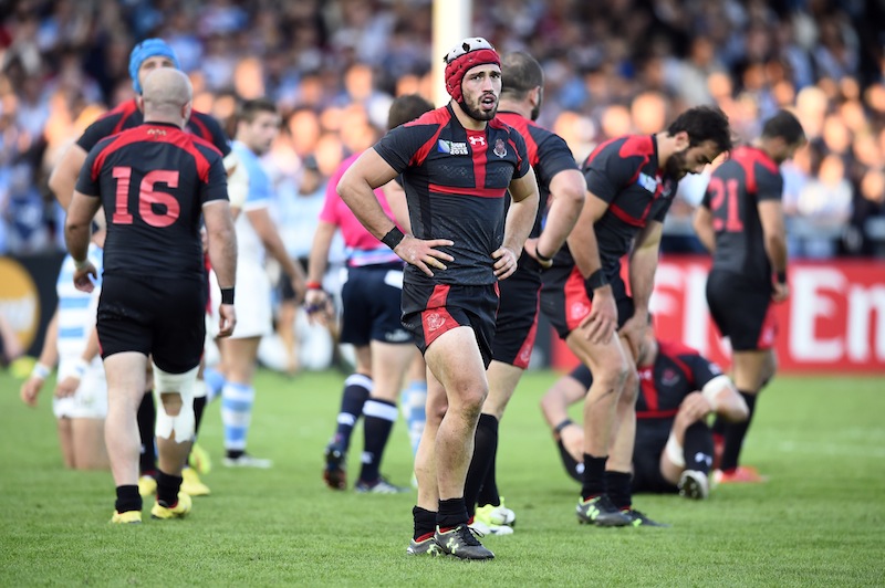 Georgia's Merab Sharikadze looks dejected during the Argentina v Georgia IRB Rugby World Cup 2015 Pool C game at Kingsholm, Gloucester, England . u00e2u20acu201d Reuters pic