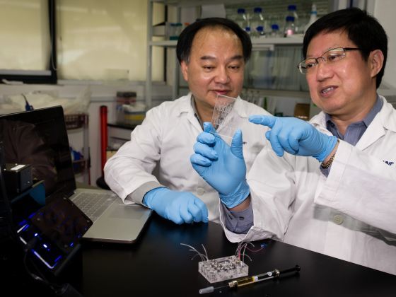 Nanyang Technological University Prof Joseph Chang (left) and SIMTech Dr Wang Zhiping discussing the u00e2u20acu0153lab in a needleu00e2u20acu009d, which makes rapid liver toxicity tests possible. Photo: NTU